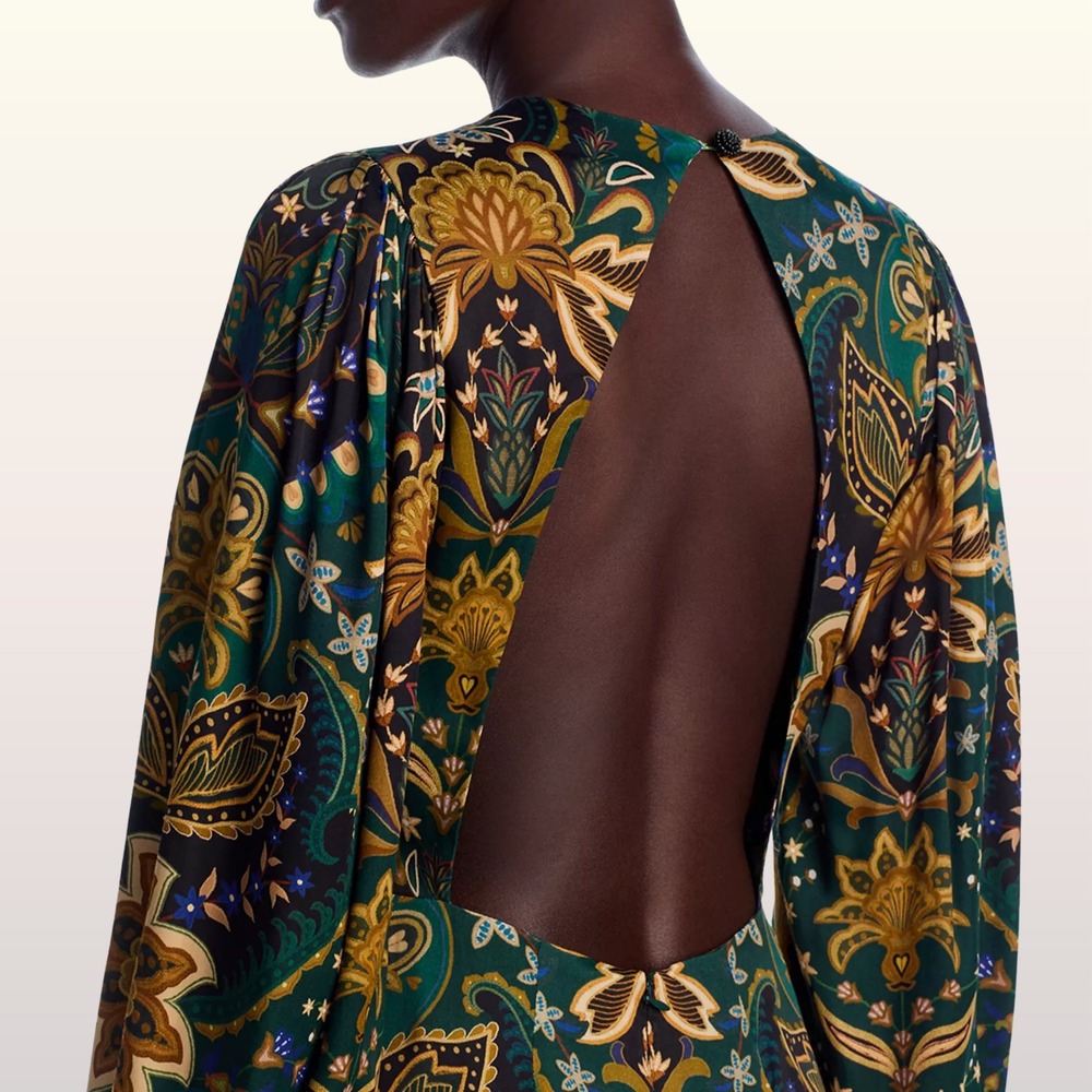 NWT Farm Rio Jaipur Black Maxi Dress Medium Green Paisley Open Back Long Sleeve - Picture 5 of 13